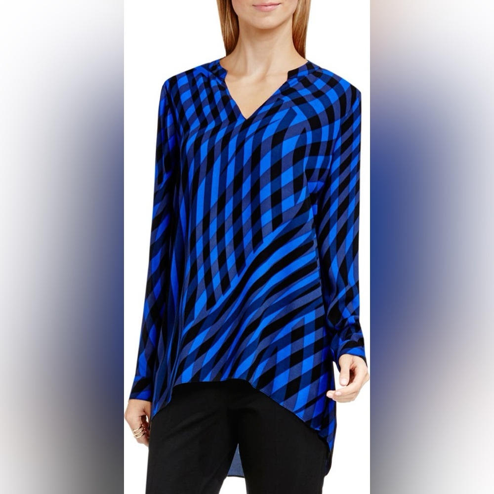 Vince Camuto Women's Blue Black Swept Check Split Neck Long Sleeve Blouse SZ XL
